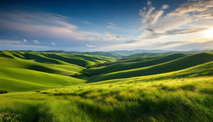 Obraz premium rolling green hills stretch into the distance under a soft sky creating a peaceful natural landscape