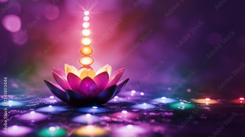 Poster chakra alignment visualized with lotus and glowing energy orbs in tranquil setting
