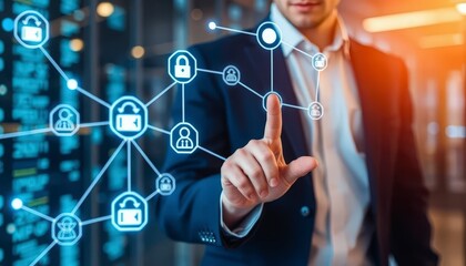Man in suit interacts with a glowing network interface in a server room, concept of security