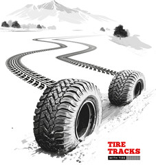 Vector Illustration of large off-road tires leaving tracks through a mountainous landscape
