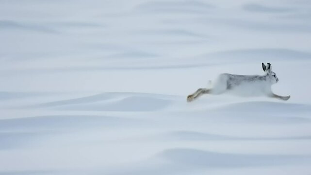 A snowshoe hare gracefully leaps across a vast, untouched snowy landscape under a clear sky