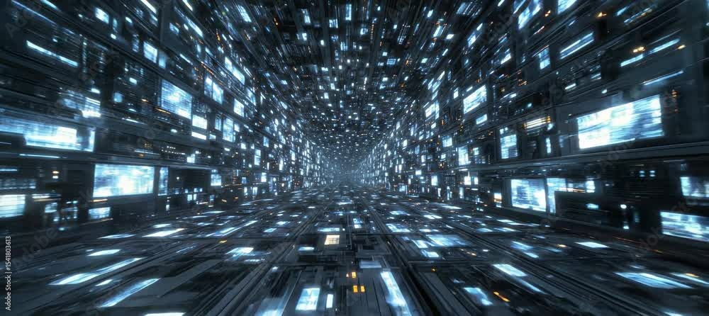 Poster Cyberspace digital virtual dimension with screen display. Future time teleport portal. Generative video AI technology.	
