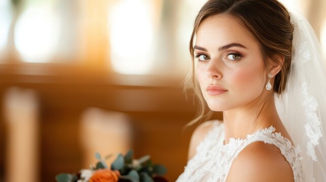 A beautiful bride captures the essence of love and elegance with her soft gaze and delicate makeup in a serene, softly lit environment, showcasing her bouquet and attire.