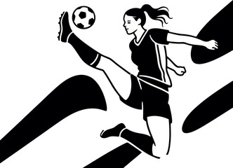 Silhouette of Pro Female Football Player Performing Midair Ball Control Kick  Vector Line Art