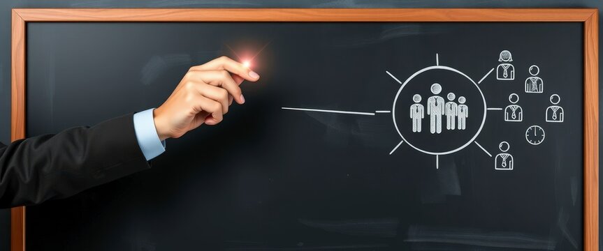 Person points to a chalkboard drawing of a team with stylized icons representing people and a clock