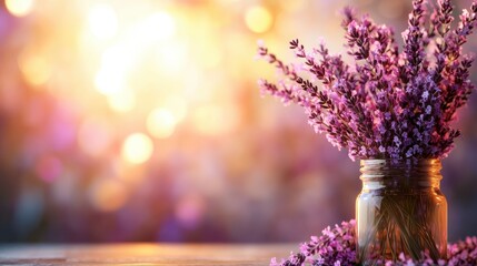 Fototapeta premium A serene arrangement of vibrant lavender flowers in a glass jar, illuminated softly by warm light, representing tranquility and the beauty of nature in a delicate composition.
