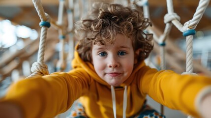 A cheerful child with curly hair, wearing a bright yellow hoodie, plays joyfully on a rope climbing structure, showcasing the essence of childhood adventure and happiness.