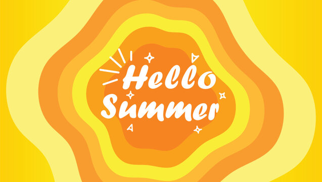 Festive summer greeting with vibrant yellow and orange swirls and cheerful typography