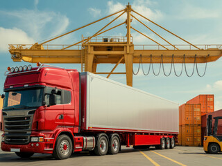 Fototapeta premium A large red semi truck is parked in front of a large crane. The crane is yellow and has a large container on top. The scene is busy and industrial, with the truck and crane being the main focus