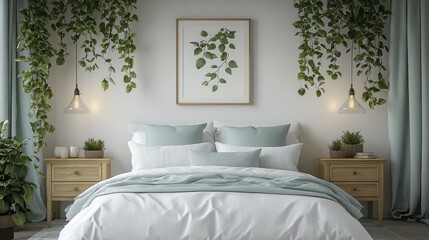 Cozy bedroom with greenery, framed art, and soft tones