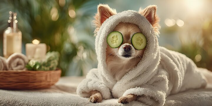 Humorous, photorealistic photo of an adorable Chihuahua in a plush white bathrobe with fresh cucumber slices on its eyes, in a serene spa setting.
