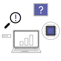 A laptop displays a bar graph with question marks, exclamation points and technology