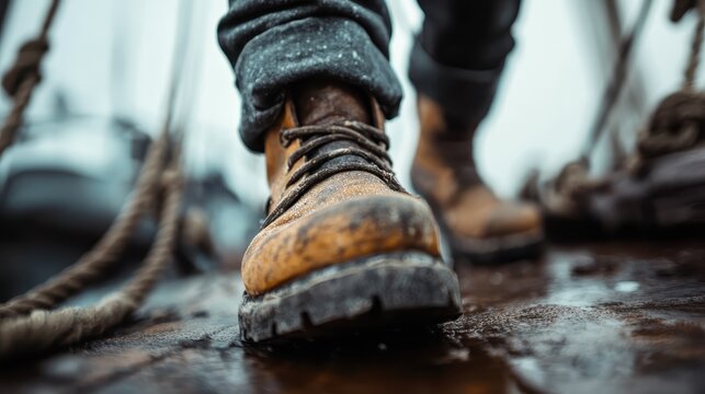 A rugged work boot steps confidently on a damp dock, showcasing its durability and grip while surrounded by a marine environment, emphasizing reliability in challenging conditions.