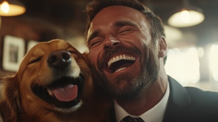 A cheerful man and a golden retriever share an infectious laugh, capturing the essence of companionship, happiness, and the unconditional love between humans and their pets.