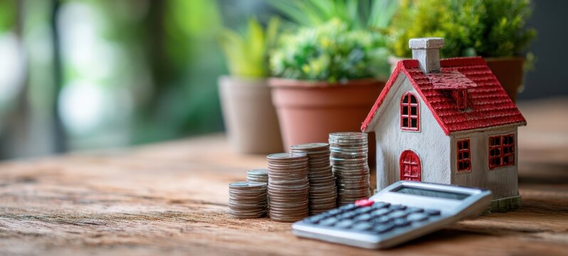 The house model beside coins and calculator for financial planning and investment.