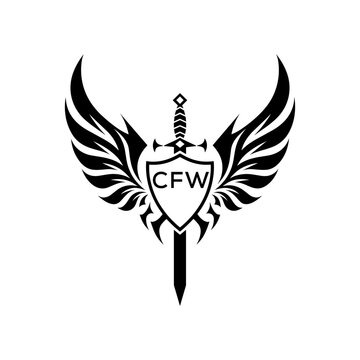 CFW Black and White Heraldic Emblem with Wings and Sword, CFW Later Logo, Guardian Angel Sword and Shield Tribal Vector, Winged Sword and Shield Logo Design with Tribal Style. 
