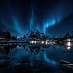Nighttime aurora borealis over a fjord