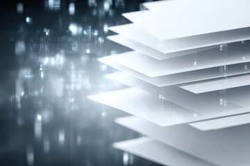 Stacked sheets of blank paper with soft lighting and digital binary code in the background, creating a modern and abstract representation of technology and information processing