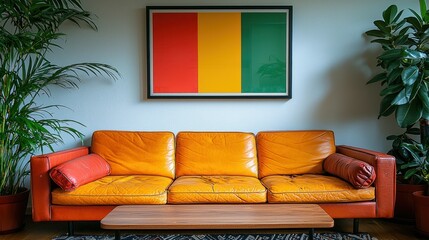 Orange couch, colorful art, calm space