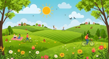 Fototapeta premium Colorful vector cartoon landscapes depict serene spring and summer scenes with rolling hills, vibrant flowers, green meadows, and blue skies with fluffy clouds