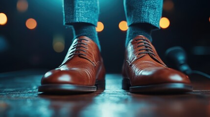 A close-up shot of stylish brown dress shoes on a stage, emphasizing sophistication and confidence, perfect for capturing the essence of performance and celebration.