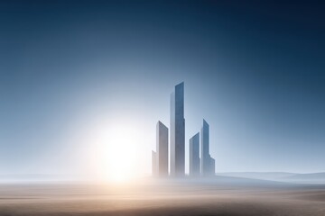 Abstract architectural structures rise majestically from a misty landscape, illuminated by soft sunlight, creating a serene atmosphere that evokes feelings of tranquility and modernity in a minimalist