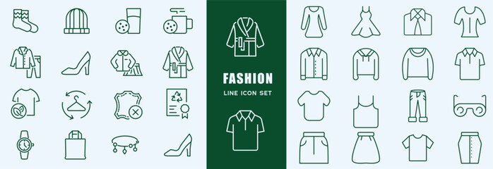 Fashion icon set. Containing tailor, fashion designer, accessories, dress, sewing, fabric, clothes, dressing room, fashion week, mannequin, sewing equipment, shoes, beauty and more