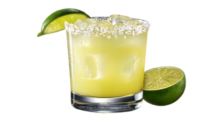 Refreshing lime margarita cocktail in rocks glass isolated on transparent background