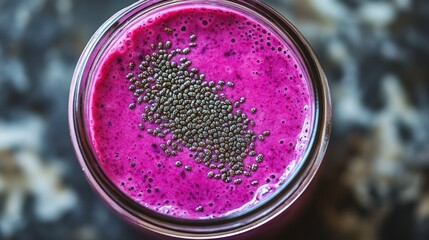 Vibrant purple smoothie topped with chia seeds