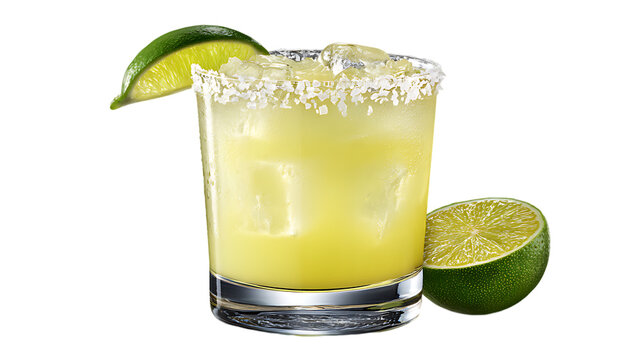 Refreshing lime margarita cocktail in rocks glass isolated on transparent background