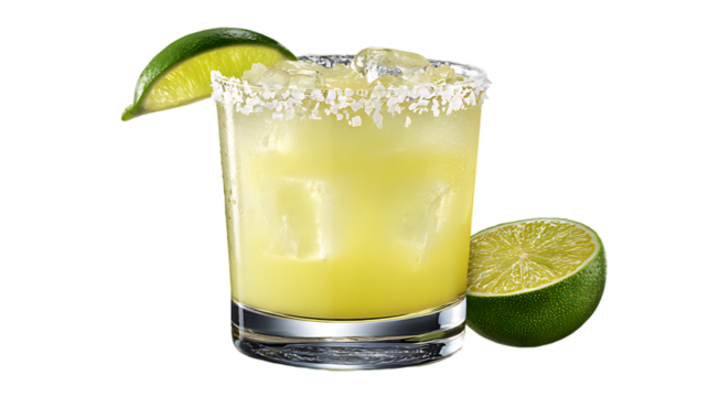Refreshing lime margarita cocktail in rocks glass isolated on transparent background