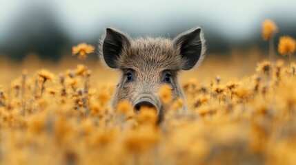 A delightful image of a cute pig peeking through vibrant yellow flowers, capturing the essence of nature, innocence, and the whimsical charm of farm life.