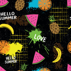 Trendy summer pattern featuring bananas, pineapples, oranges, and watermelon with graffiti splashes, halftone grids, and handwritten words like “Hello Summer” and “Love”. Urban and playful.