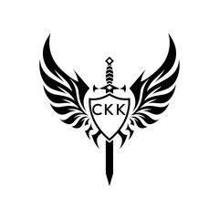 Obraz premium CKK Black and White Heraldic Emblem with Wings and Sword, CKK Later Logo, Guardian Angel Sword and Shield Tribal Vector, Winged Sword and Shield Logo Design with Tribal Style. 
