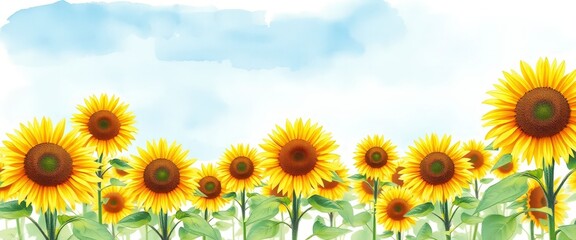 Watercolor painting of sunflowers under a blue sky with watercolor clouds