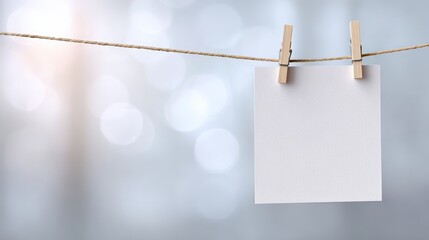 Blank paper hanging on a clothesline with wooden clips against a blurred background of soft bokeh lights, creating a serene atmosphere for creative design and messaging opportunities