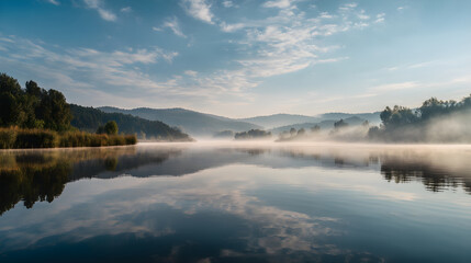 Fototapeta premium Serene morning mist over a tranquil lake reflecting a picturesque landscape of trees and hills under a vibrant sky