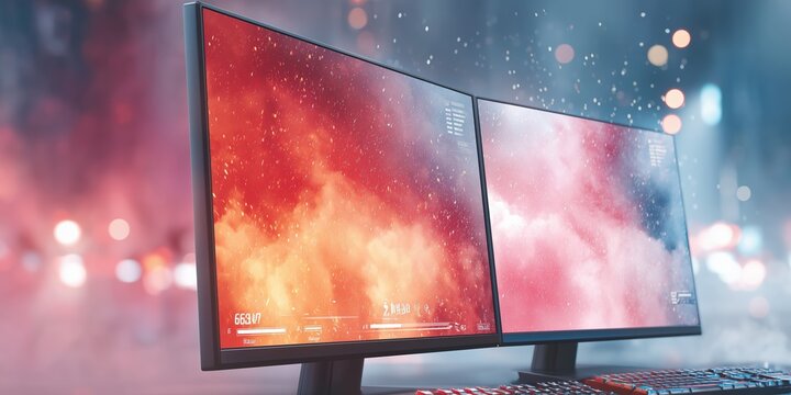 Dual curved monitors with vibrant digital display, modern workspace technology background for creative marketing and business use.