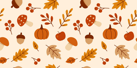 Cute Fall Leaves, Berries, Pumpkins, Mushrooms Acorns Seamless Pattern