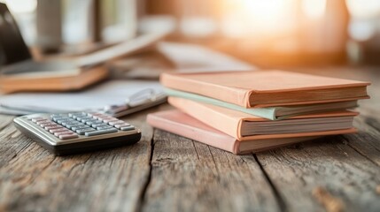 A neatly arranged workspace displaying books and a calculator, symbolizing organization and focus, creating an inviting atmosphere for study and productivity.
