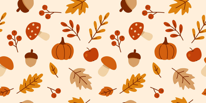 Cute Fall Leaves, Berries, Pumpkins, Mushrooms Acorns Seamless Pattern