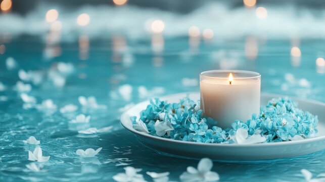 A tranquil composition featuring a lit candle surrounded by delicate blue flowers in a serene aquatic setting, evoking feelings of relaxation and inner peace.