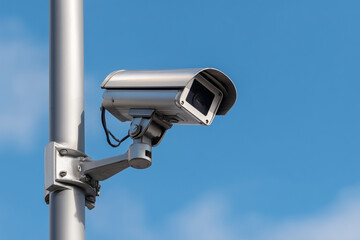 Close-up of a black outdoor CCTV camera on a metal pole against a clear blue sky. Right-side copy space. Crisp daylight shot suitable for safety or surveillance advertisement.