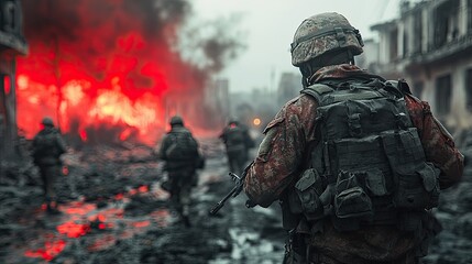 Obraz premium Armed battlefield confrontation with soldiers exchanging suppressive fire and grenades in urban ruins.
