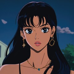 Anime girl with long dark hair,  large eyes, and statement earrings.  Soft lighting,  stylized art
