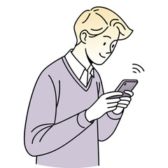 Smiling fair skinned man uses his mobile phone to connect online with wireless internet