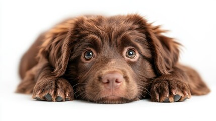 A cute brown puppy lies down, gazing curiously with its big eyes against a clean white backdrop, featuring soft fur and adorable features that evoke a sense of warmth and joy.