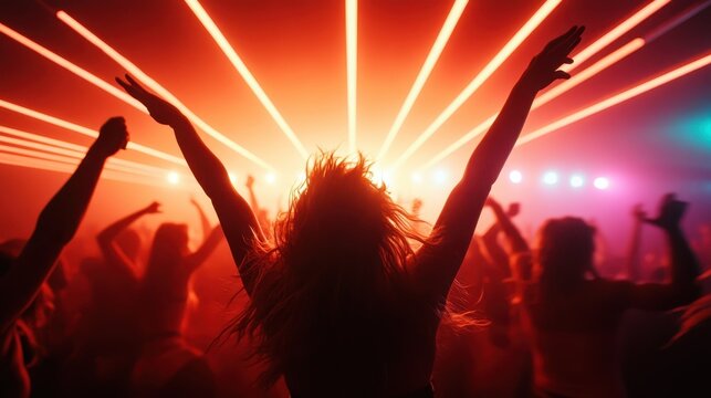 Silhouettes of joyful dancers revel under vibrant lights at a lively party, embodying feelings of freedom, joy, and the exhilarating experience of shared moments.