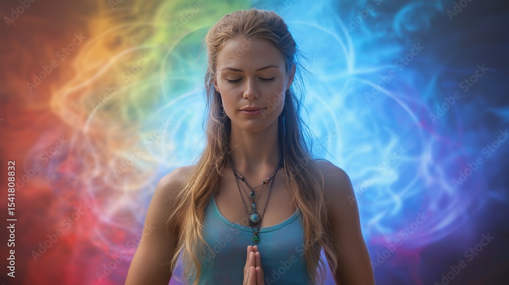 Aufkleber meditation and energy alignment with chakra colors in a serene setting