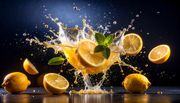 Lemonade explosion with vibrant yellow liquid, lemon slices, mint leaves, and bubbles 